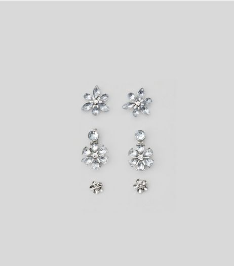 3 Pack Crystal Flower Stud Earrings | New Look