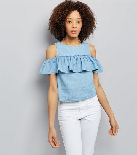 Blue Denim Frill Trim Cold Shoulder Top | New Look