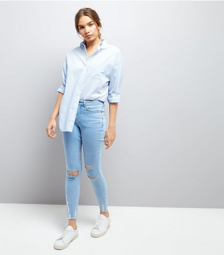 Pale Blue Ripped Hem Skinny Jenna Jeans | New Look