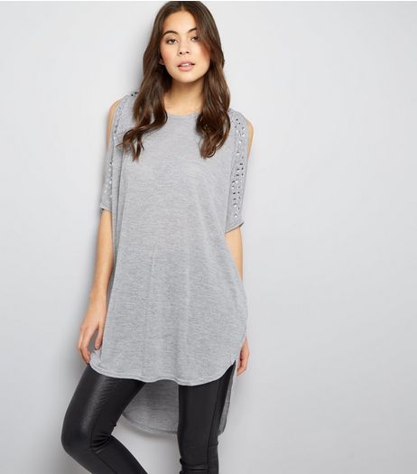 Blue Vanilla Grey Gem Studded Zip Cold Shoulder Top | New Look