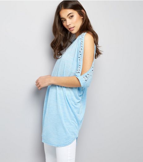 Blue Vanilla Blue Stud Trim Cold Shoulder Top | New Look