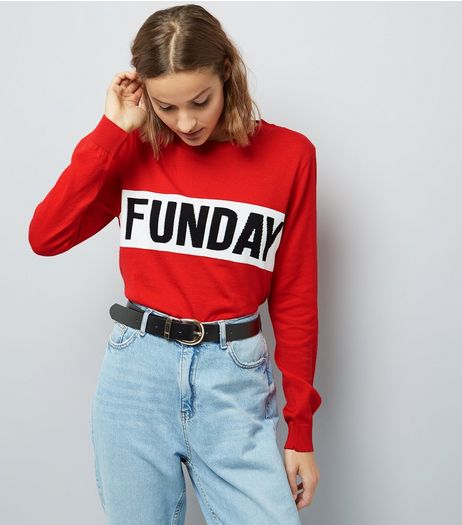 Red Funday Print Long Sleeve Jumper | New Look