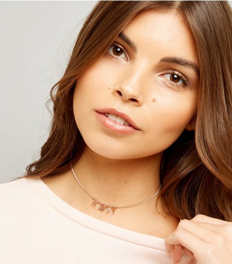 Rose Gold Happy Charm Choker | New Look
