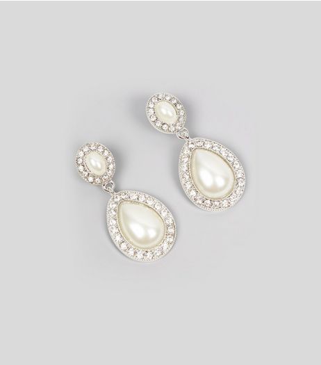 Silver Diamante Pearl Drop Earrings | New Look