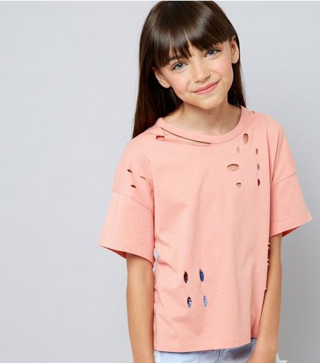 Teens Coral Ripped T-Shirt | New Look