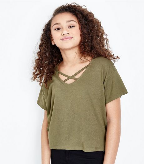 Teens Khaki Cross Strap Front T-Shirt | New Look