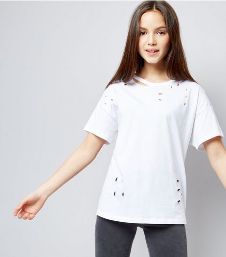 Teens White Ripped Oversized T-Shirt | New Look