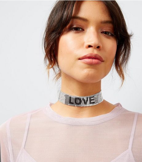 Silver LOVE Chain Mail Choker | New Look
