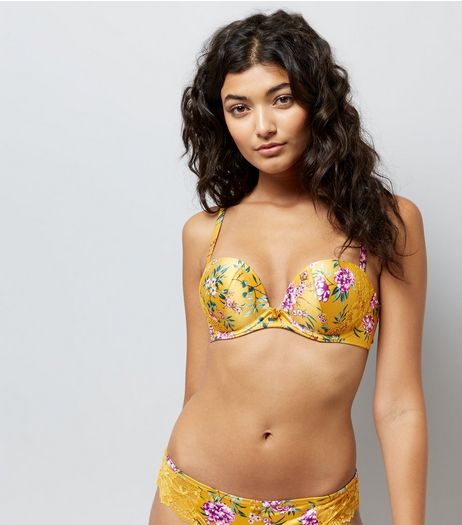 Yellow Floral Print Bra | New Look