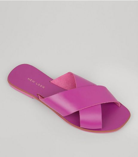 Pink Leather Cross Strap Mules | New Look