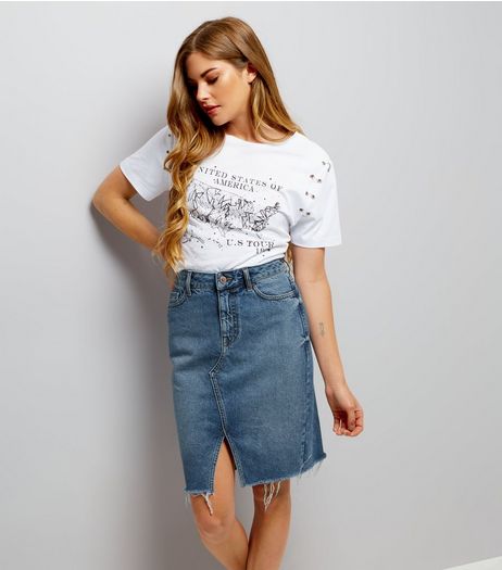 Blue Fray Hem Denim Pencil Skirt | New Look