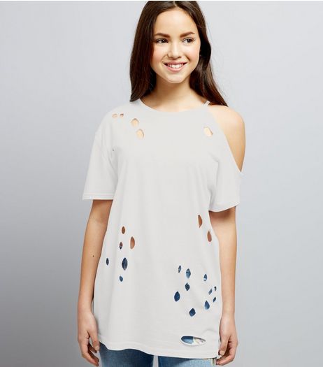 Teens White Ripped Single Cold Shoulder Oversized T-Shirt | New Look