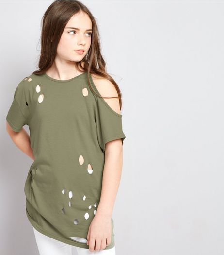Teens Khaki Ripped Single Cold Shoulder Oversized T-Shirt | New Look