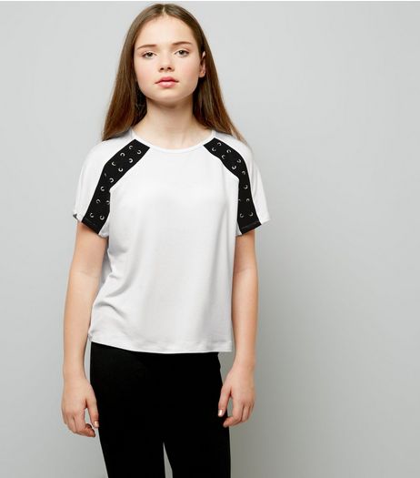 Teens White Eyelet Lattice Raglan Sleeve T-Shirt | New Look