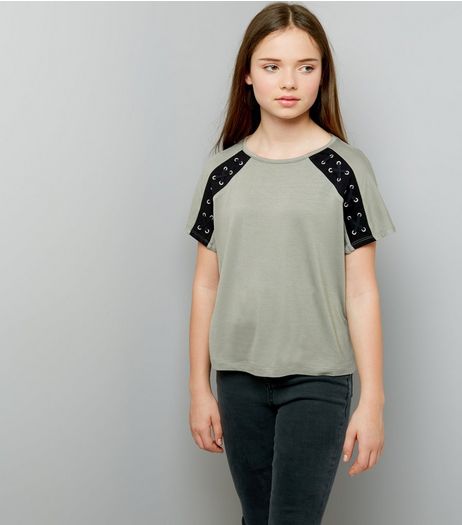 Teens Khaki Eyelet Lattice Raglan Sleeve T-Shirt | New Look