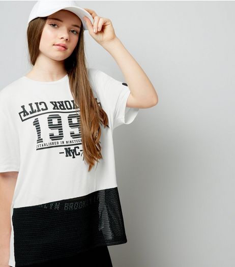 Teens White 1995 Print Mesh Hem Oversized T-Shirt | New Look