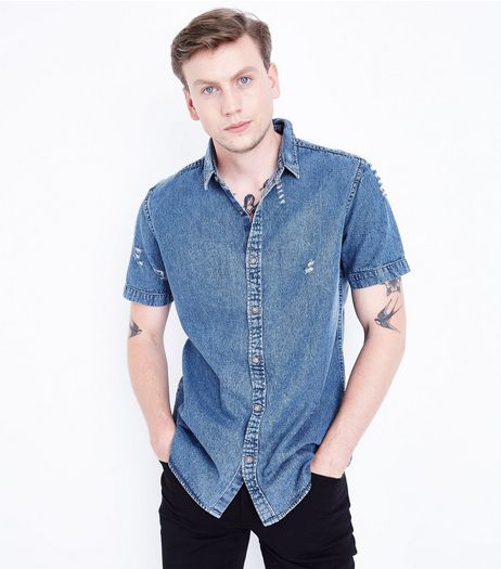 Blue Ripped Short Sleeve Denim Shirt | New Look