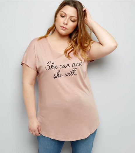 Curves Shell Pink She Can and She Will Slogan T-Shirt | New Look