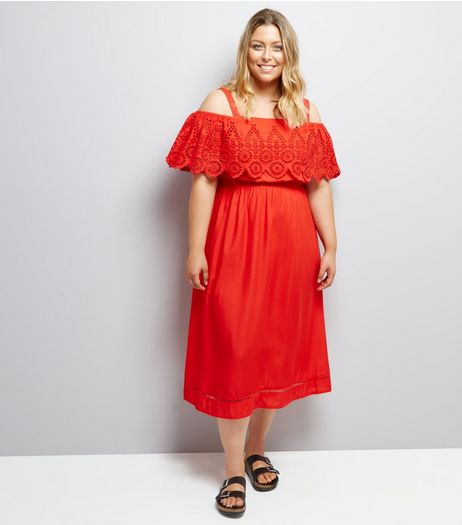 Curves Red Cut Out Cold Shoulder Midi Dress | New Look