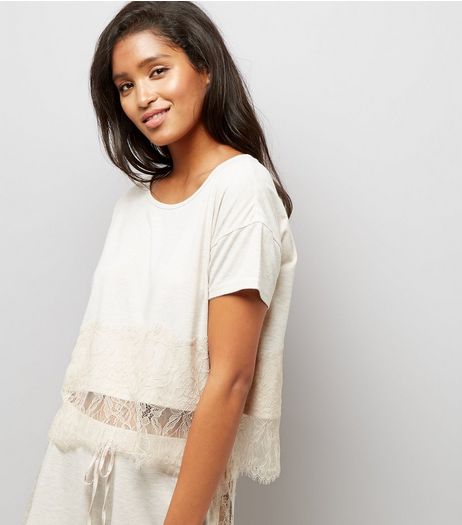 Cream Lace Trim Jersey Pyjama T-Shirt | New Look