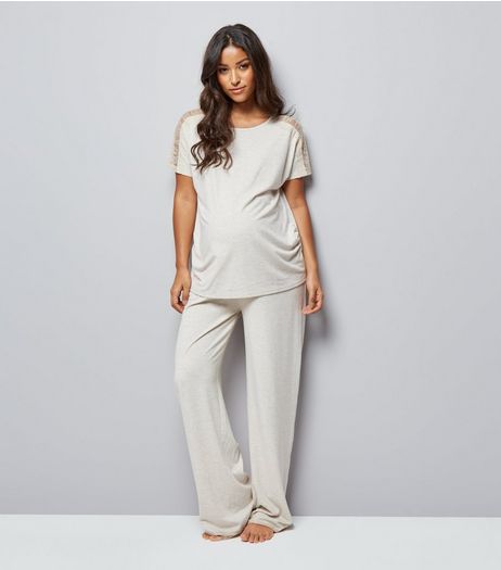 Maternity Cream Lace Trim Jersey Pyjama T-Shirt | New Look