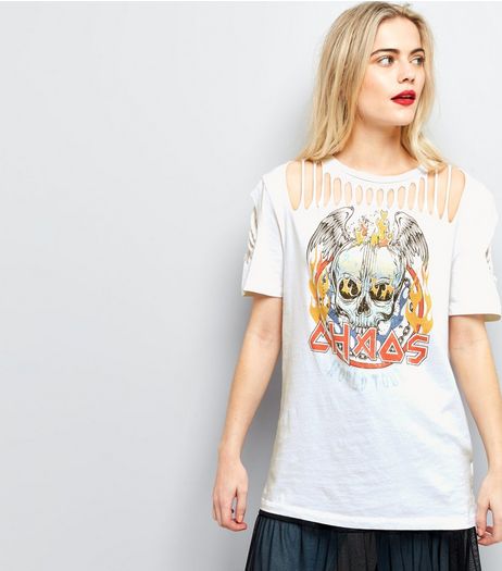 White Chaos Skull Ripped T-Shirt | New Look