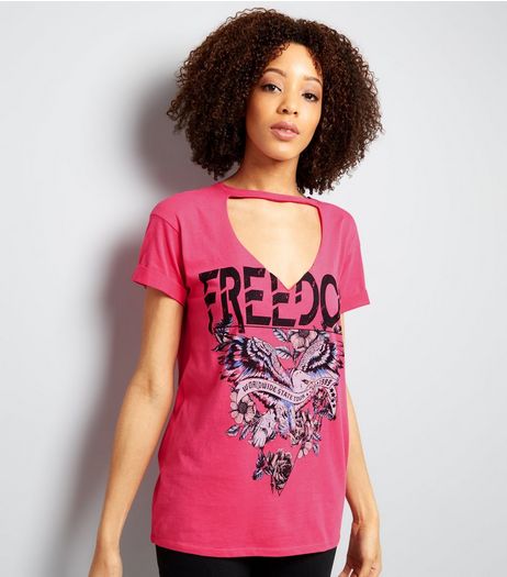 Bright Pink Freedom Print Choker Neck T-Shirt | New Look