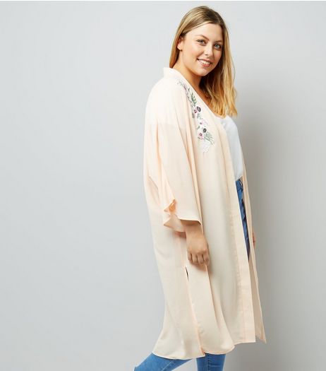 Curves Shell Pink Floral Embroidered Kimono | New Look