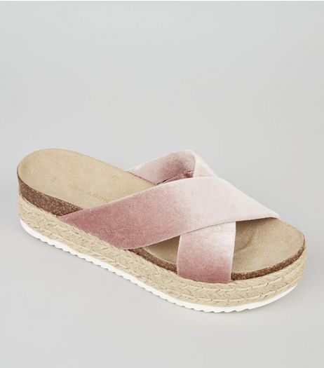 Pink Velvet Cross Strap Flatform Sandals | New Look