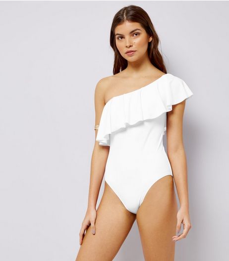 White One Shoulder Frill Trim Swimsuit | New Look