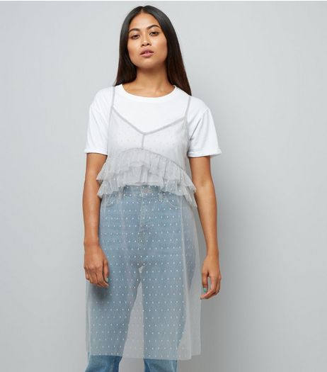 Petitie Grey Spot Print Frill Trim Mesh Cami Dress | New Look