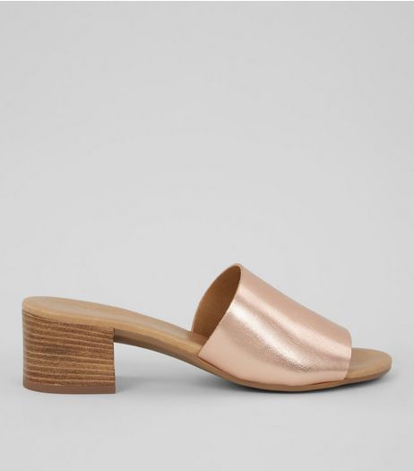Rose Gold Leather Heeled Mules | New Look