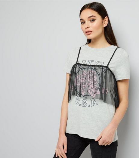 Grey Seattle Print Mesh Overlay 2 in 1 T-Shirt | New Look