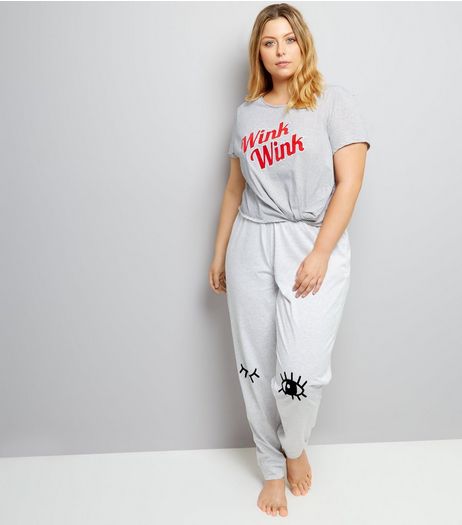 Curves Grey Stripe Wink Wink Twist Front Pyjama Set | New Look