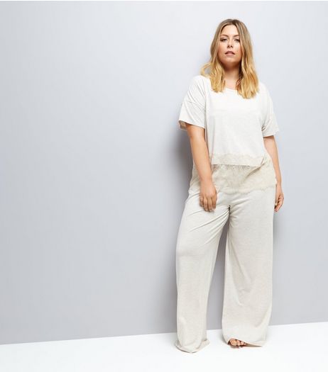 Curves Cream Lace Trim Jersey Pyjama T-Shirt | New Look
