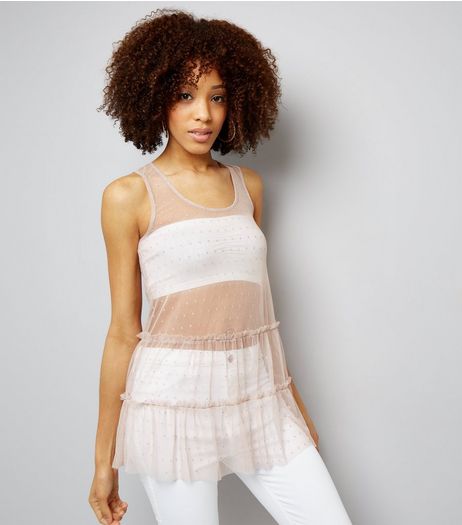 Shell Pink Mesh Spot Print Frill Trim Vest | New Look
