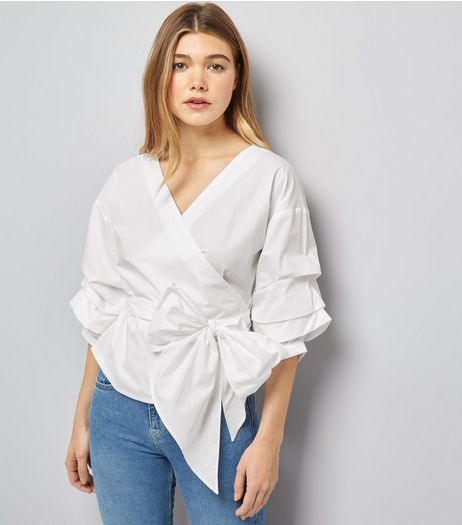 White Frill Trim Sleeve Wrap Front Top | New Look