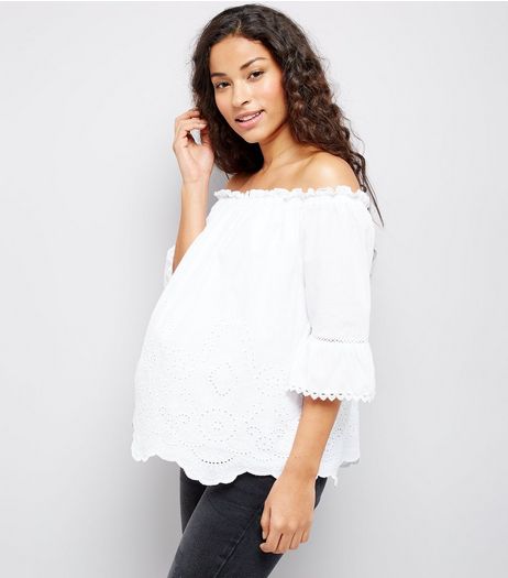 Maternity White Cut Out Detail Bardot Neck Top | New Look