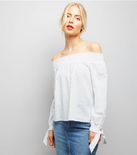 White Tie Sleeve Bardot Neck Top | New Look