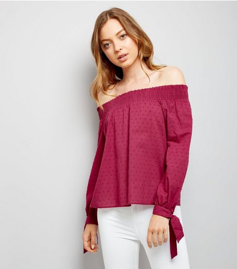 Deep Pink Tie Sleeve Bardot Neck Top | New Look