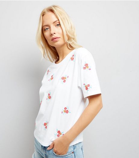 White Floral Embroidered T-Shirt | New Look