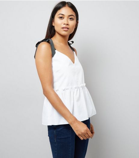 Petite White Contrast Tie Strap Peplum Top | New Look