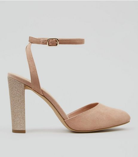 Wide Fit Nude Pink Suedette Glitter Block Heels | New Look