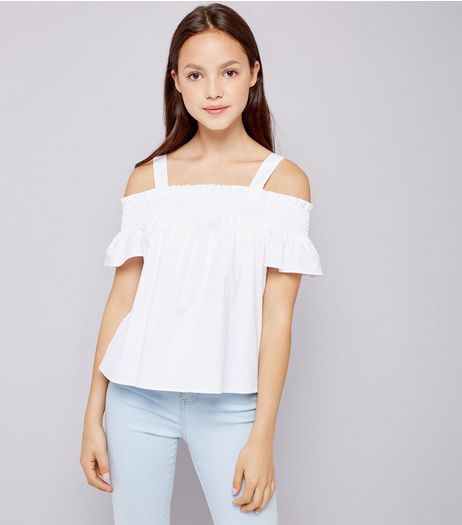Teens White Shirred Cold Shoulder Top | New Look