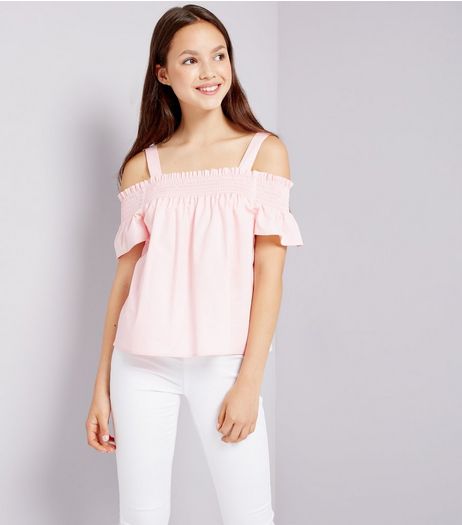 Teens Pink Shirred Cold Shoulder Top | New Look