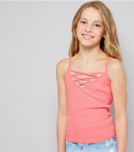 Teens Pink Ribbed Lattice Front Cami | New Look