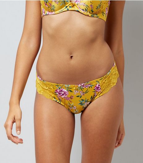 Yellow Floral Print Brazilian Briefs | New Look