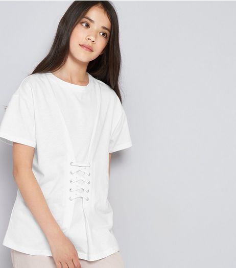 Teens White Eyelet Lace Up Oversized T-Shirt | New Look