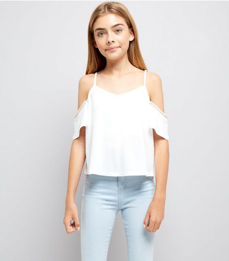 Teens White Pearl Embellished Cold Shoulder Top | New Look