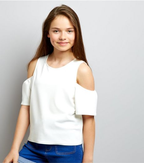 Teens White Crepe Flutter Sleeve Cold Shoulder Top | New Look